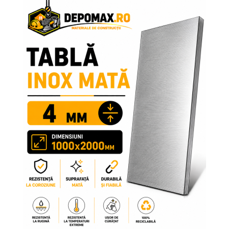 Tabla inox mata AISI 304 2B, 4 x 1000 x 2000 mm, 2 mp